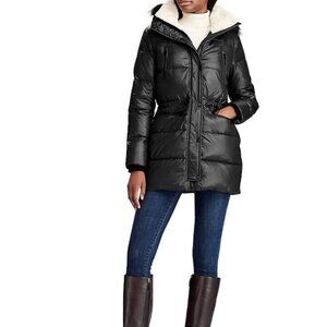 Lauren Ralph Lauren Faux Fur Trim Anorak Quilted Hooded Down Black Jacket Size S